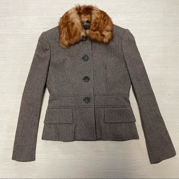 Banana Republic Jackets & Blazers - Banana Republic Brown Herringbone Blazer Jacket Removable Fur Collar Size 0P
